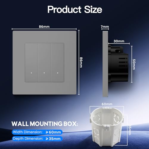 BSEED Smart Zigbee Schalter mit Steckklemme, Smart Lichtschalter Funktioniert mit Alexa & Google Home, Timing-Funktion, PC Rahmen, Zigbee Hub & Neutralleiter Erforderlich, 3 Fach 1 Weg, Grau