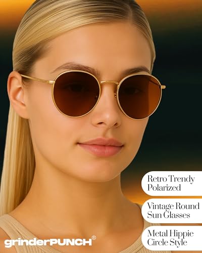 grinderPUNCH Classic Retro Sunglasses for Women Men, UV400 Protection Lens and Lightweight Men Sun Glasses Small Circle Metal Frame (Rose Gold Metal Frame/Brown Lens)3