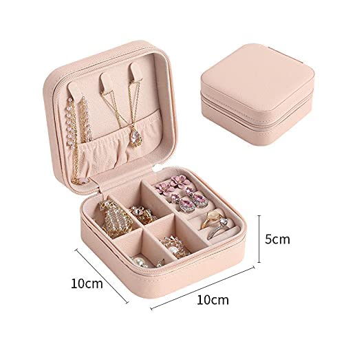 Image of Portable Travel Jewelry Box, Pink PU Leather Jewelry Organizer Case with Zipper, 10x10x5cm Storage Container for Rings, Earrings, Necklaces, Small Accessories