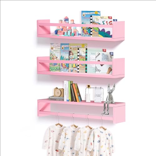 Image of AZSKY 24 Inch Nursery Book Shelves Pink Natural Wood Floating Bookshelf Wall Mount Bookshelves for Kids Bedroom Cute Baby Books Storage and Display Shelves a Set of 3