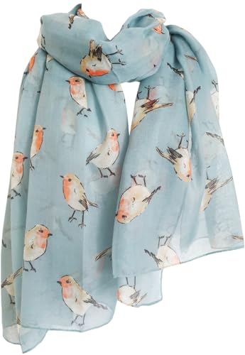 Image of GlamLondon Women's Watercolour Robin Bird Printed Christmas Scarf (Greenish Blue)