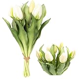 Zouwel 7 Stück Frühlingsdeko Kunstblumen: Künstliche Tulpen wie echt,Real Touch Tulpenstrauß-Perfekte Deko für Frühling (Weiß)