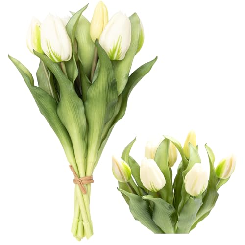 Zouwel 7 Stück Frühlingsdeko Kunstblumen: Künstliche Tulpen wie echt Real Touch Tulpenstrauß-Perfekte Deko für Frühling (Weiß)