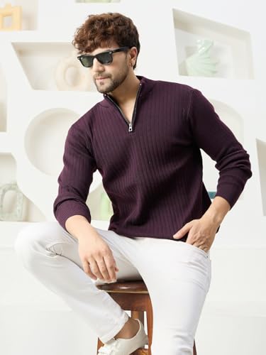 Image of Kvetoo Men High Neck Zipper Full Sleeve Woolen Winter Sweater