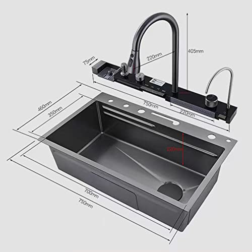 Qwpdwa Single Bowl Kitchen Sink 304 Stainless Steel Undermount Black Nano Flying Rain Waterfall Farmhouse Sink With Multifunctional Digital Display And Sink Accessories（29.5 * 18.1 * 8.7In） #TOP5