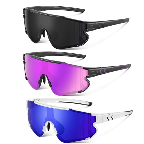 Kegrimi 3pack Youth Polarized Baseball Sports Sunglasses for Boys Girls 6-14 Running Cycling (grey/purple/darkblue,64mm)