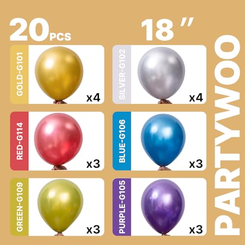 Image of PartyWoo Metallic Balloons 20pcs 18 Inch Metallic Blue Silver Gold Purple Pink Green Rose Gold Latex Balloons for Baby Shower Wedding Engagement Unicorn Rainbow Birthday Party Decorations