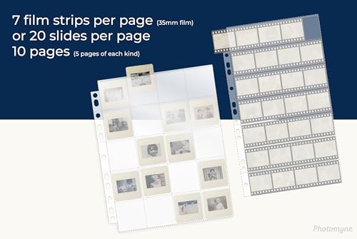 Photomyne Protective Photo Slide & Negative Pages | Holds 20 35mm Slides & 7 Film Strips - 10 Pages Pack (100 Slides and 70 Film Strips) | Clear Preservers.