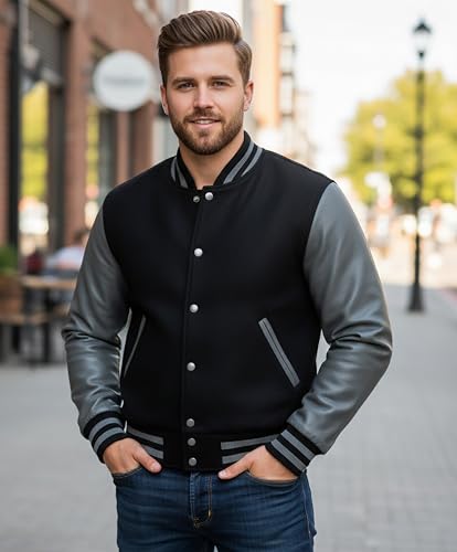 Image of LP-FACON Unisex Varsity Letterman Jacket | Mens College Baseball High School Bomber Wool + Faux Leather Jacket