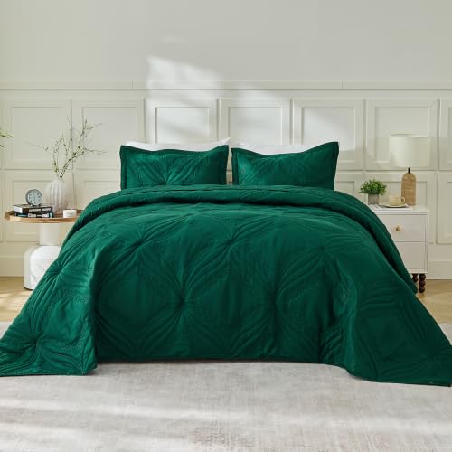 Image of Kingnex Oversized King Bedspreads 128x120 Ultrasonic Quilted Forest Green | Extra Wide Coverlet for Tall Split King Adjustable Bed or Cal King Size, 3 Piece Include 1 Quilt, 2 King Size Pillowcases