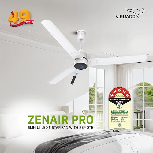 Image of V Guard Zenair Pro BLDC Ceiling Fan 1200 mm | BEE 5-Star Energy Saving | High-Speed BLDC Motor (370 RPM) | Remote Control with 6 Speeds | UI LED speed indicator | 2-Year Warranty | White