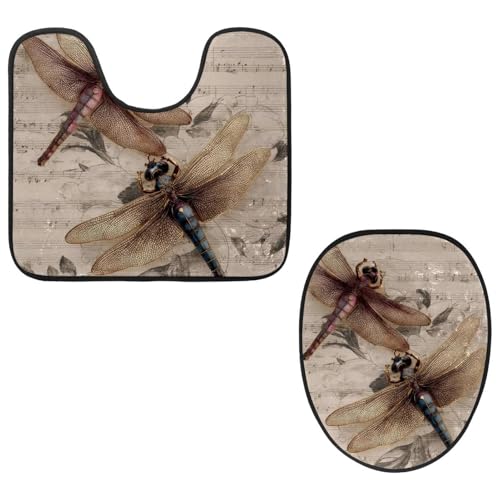 MUOOUM Toilet Lid Cover and U-Shaped Toilet Floor Mat Set of 2 Pieces, Vintage Music Dragonflies Toilet Mat Set, Machine Washable Seat Covers Non-Slip Absorbent Rugs