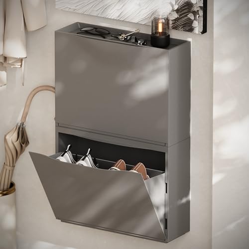 Image of Amazon Basics Stackable Wall Mount Storage Organizer - 2 Tier, Polypropylene Storage for Shoes, Toys, Books, Closet & Entryway, Multi-Purpose (51L x 15.5W x 77H cm), Grey