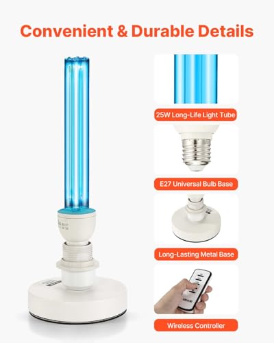 Image of VEVOR Clean Light, 25W Lamp with Ozone, Portable Lamp with Remote Control, Clean Light Bulb with Base and 30 /60 /120 Min 3-Gear Timer, for 400 sqft Living Room, Bedroom, and Hotel