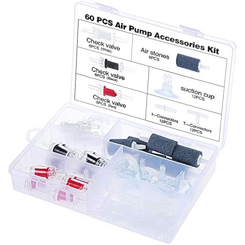 ESUMIC 60 Pieces Fish Tank Air Pump Accessories Kits, 18 Check Valves, 6 Bubble Air Stones, 12 Suction Cup Clips, 24 I & T Type Connectors,with Storage Box Cover