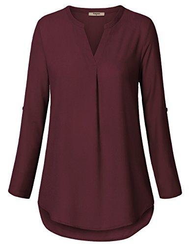 Timeson Blouses For Women Fashion 2023,Long Sleeve Chiffon Tunics Tops Women's Dress Shirts For Business Attire Casual 3/4 Sleeve Work Blouse Ladies V Neck Professional Office Tops Dark Red #TOP3