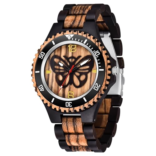 Montre homme en bois noir Tiong bracelet réglable quartz et cadran papillon noir