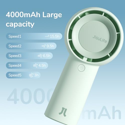 Image of JISULIFE Portable Handheld Turbo Fan Rechargeable 4000mAh 5-Speed (Green) | Up to 16H max cooling, Personal Battery Powered Pocket Fan for Travel /Outdoor /Vacation /Concerts, Birthday Gifts for Women