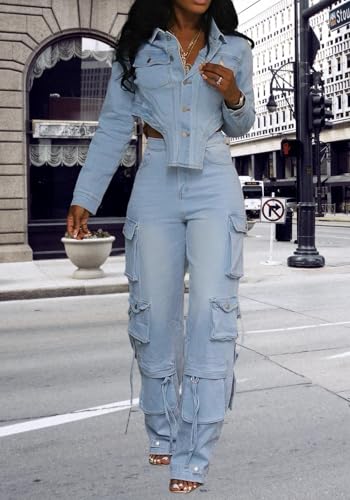 Women Sexy Distressed 2 Piece Denim outfit Casual Long Sleeve Crop Jacket and Straight Wide Leg Cargo Jeans Sets2