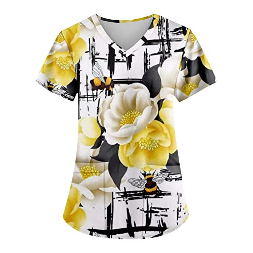 OIOLOYJM Printed Scrub Tops Women Short Sleeve V Neck Plus Size Scrubs for Womens Nursing Uniforms Shirts with Pockets