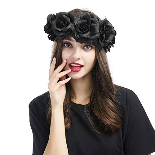 Catery Black Flower Headband Wreath Flower Crown Gothic Rose Head Bands Day Of The Dead Wedding Festivals Photo Props Party Halloween Flower Headpiece Hair Accessories For Women And Girls #TOP1