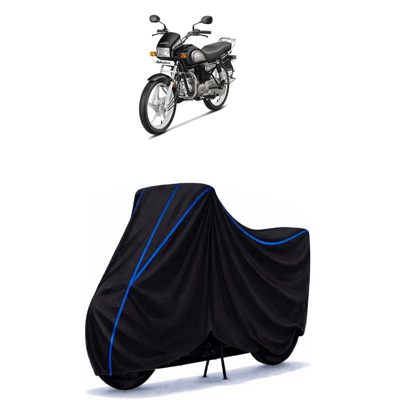 Image of Hero Splendor Plus Bike Cover Water Resistant Universal Motorcycle Rain | Heavy Duty UV Protection, Dust, Scratch Indoor Outdoor All Weather with Black Blue Piping Elastic