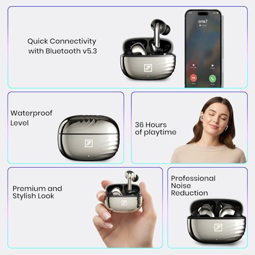 Image of ONE 7 Shine PODS Wireless in-Ear Earbuds | 13mm Dynamic Driver | Deep Bass | ENC Calling | Bluetooth v5.3 | Up to 36 Hours Playtime | Lightweight with Silicone Case (ON TWS-54) (Glossy Grey)