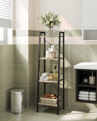 Image of Hzuaneri 4-Tier Ladder Shelf, Narrow Bookshelf, Corner Storage Shelves, Freestanding Bookcase with 2 Hooks for Home Office, Living Room, Kitchen, Bedroom, Industrial, Greige and Black BC13205B