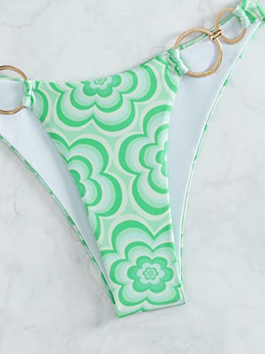 Bikini halter con anillo y eslabones beige: conjunto de baño floral verde claro ajustable 4