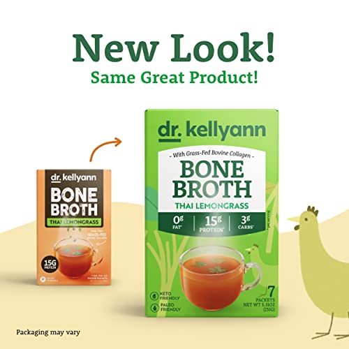 Dr. Kellyann Thai Lemongrass Bone Broth Packets (7 Servings) – 16g Protein, Grass-Fed Hydrolyzed Collagen, Keto & Paleo-Friendly