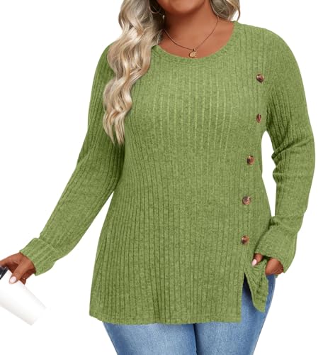 Image of HOTGIFT Womens Plus Size Sweater Tops Long Sleeve Crewneck Casual Tunic Shirts Buttons XL-5XL Blouse Soft Comfy Fashion