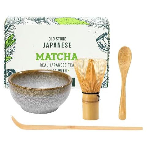 Keepaty Japanese Matcha Tea Set of 4,Matcha Whisk Set with 100 Prong Whisk, Traditional Scoop , Tea Spoon and Ceramic Matcha Bowl,Tea Ceremony Accessory for Making Matcha Cover