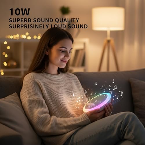 Image of 𝓓rumstone (𝟑𝐘𝐄𝐀𝐑 𝐖𝐀𝐑𝐑𝐀𝐍𝐓𝐘) Bluetooth Speaker Smart Wake Up Light with Wireless Charger, Alarm Clock, RGB Color Ring, Digital Display, Touch Control, LED Night Light, Modern Round Design