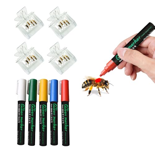 benefitbee Queen Bee Marking Kit - 5 Standard Colors Marker Pen Set with 4 Clear Plastic Queen Catcher Clips Safe Gentle Queen Bee for Beekeeping Beginners
