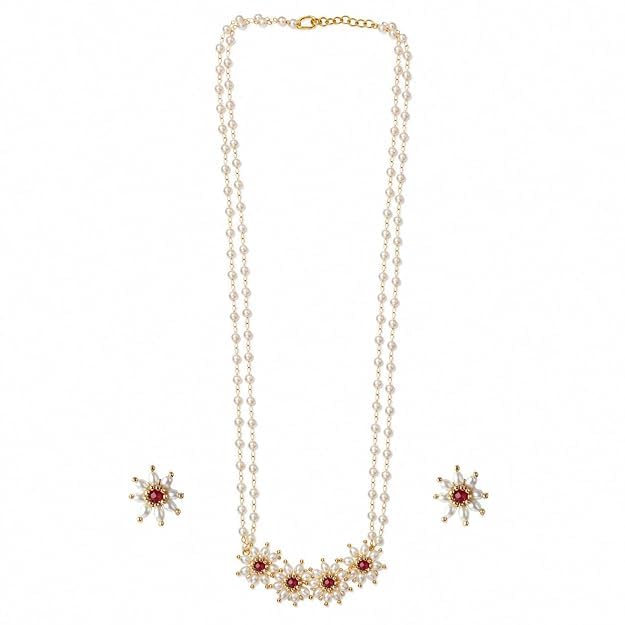 Art Jewellery Elegant Golden Finish Floral Parijat Necklace with White Pearl Double Chain & Matching Red & Green Ruby Stud Earrings | Artificial Mogra | Handmade Handcrafted Traditional Jewellery Set for Women & Girls-image-37