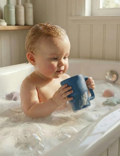 Image of Roslim Silicone Baby Bath Rinse Cup - Shampoo & Body Washing Rinser for Kids & Toddlers, Lightweight Bath Cups for Rinsing Hair, Easy-Grip Handle, Ultra Soft Material (Ocean Blue)