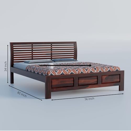 Image of Patti Head Sheesham Wood King Size Bed Without Storage (84x74 Inch) | Wooden Double Bed Cot for Bedroom Furniture | Modern Palang Design for Home & Hotels | Walnut Finish