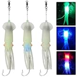 Saltwater Squid Fishing Lures,LED Fishing Lures Lighted Glow Squid Lure Jigs Soft Trolling Squid Lure Deep Drop Flashing Lights Offshore Lures for Halibut Lingcod Mackerel Tuna Striper