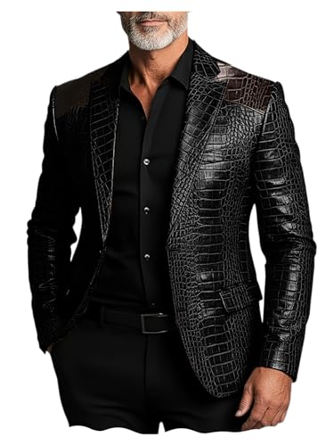 Mens Faux Leather Blazer Crocodile Embossed Jacket Genuine Alligator Crocodile Print Leather Sports Coat Black