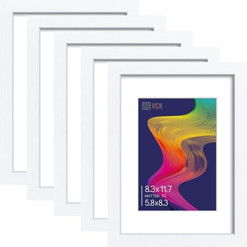 Image of VCK A4 Frame 5 Pack, White Wood, A5 Mat, Glass, for Picture, Photo