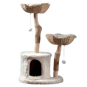Habitat Haven The Bungalow Cat Tree – Luxury Cat Condo, Large Modern Indoor Tower with 2 Faux Fur Beds, Scratching Posts, Toys, and Den for Cats, 23.5-Inch Width x 18-Inch Depth x 43-Inch Height