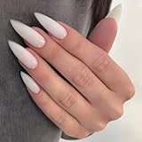 Ceboic 24Pcs Français Blanc Press on Nails, Long Stiletto Ongles à Coller, Couleur Unie Brillants Couverture Complète Ongles Acryliques, Amovibles Fait à la main Faux Ongles pour Femmes Filles