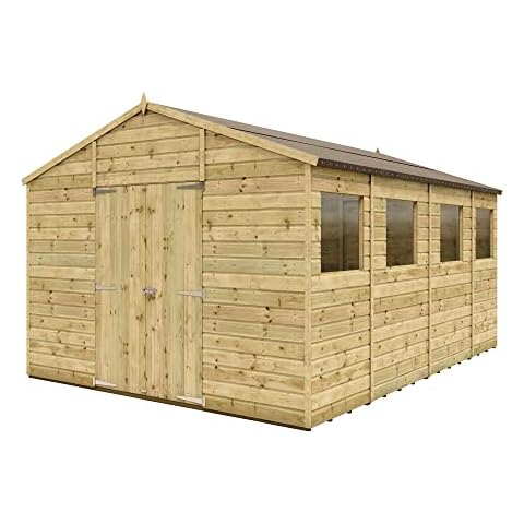 14 x 10 Pressure Treated Modular Hobbyist Apex Central Double Door Windowed with 11mm Tongue and Groove Floor and Roof 4.26m x 3.04m Cover