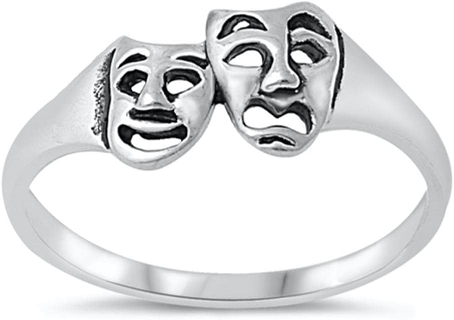 Tragedy Mask Drama Comedy Theatre Ring New .925 Sterling Silver Band Sizes 4-10