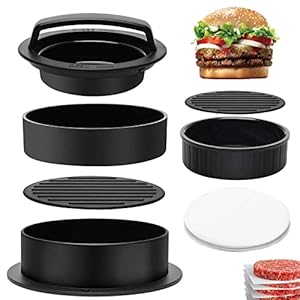 YOUYIKE® Hamburgerpers, 3-in-1 handige anti-aanbakvorm met 100 stuks bakpapier voor perfecte hamburgers, patties of gehaktballen, robuuste vaatwasmachinebestendige zwarte hamburgerpers