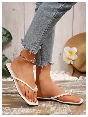 GORGLITTER Women's Pearl Flip Flops Square Open Toe Thong Slide Dressy 2025 Wedding Dress Flat Sandals4