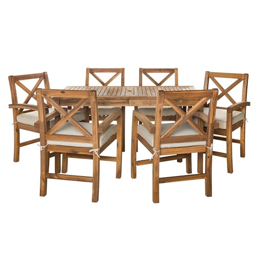 Walker Edison Delray Classic 7 Piece Acacia Wood Outdoor Dining Set with X Back Chairs, Set of 7, Brown