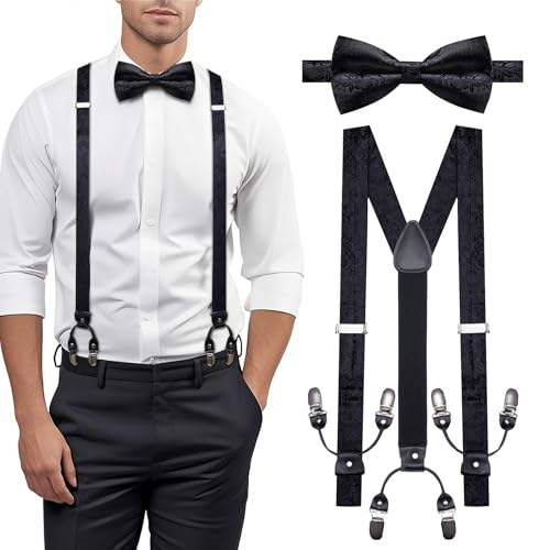 Image of YOHOWA Men Suspenders 6 Clips Strength Adjustable Y Braces Pre-Tied Bow Tie Set Formal Wedding Party