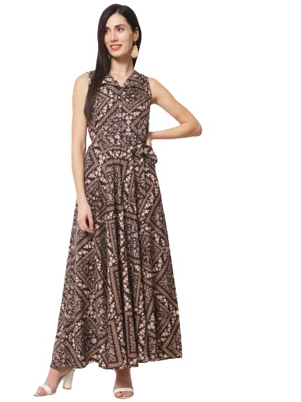 Image of Rudraaksha Women's Printed Maxi Dress Sleeveless Fit & Flare Long Dress || Western Dress for Women || Stylish Maxi Dress Dress || Summer Dress || Boho Printed Dress for Women