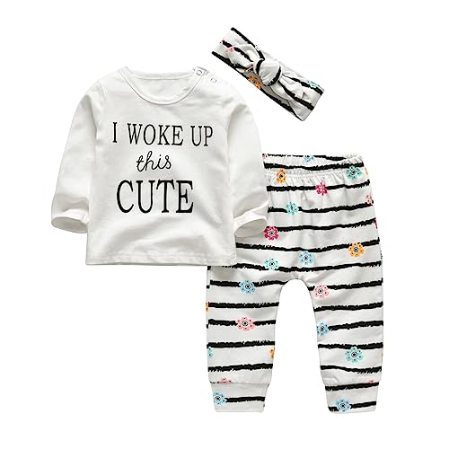 KuKitty 3Pcs Baby Girl Outfits Set Long Sleeve T-Shirt Tops Flowers Pants with Headband